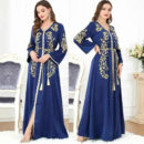 Navy Blue Gold Embroidered Abaya – Luxury Belted Moroccan Kaftan -  M -  Abaya Vida