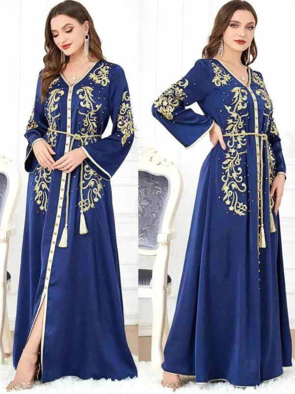 Navy Blue Gold Embroidered Abaya – Luxury Belted Moroccan Kaftan -  M -  Abaya Vida