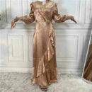 Satin Ruffle Abaya – Elegant Wrap Style Belted Occasion Dress -  Apricot / S -  Abaya Vida