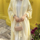 Summer Lace Flower Abaya with Scarf – Open Front Robe, Side Pockets -  Apricot with Scarf / S -  Abaya Vida